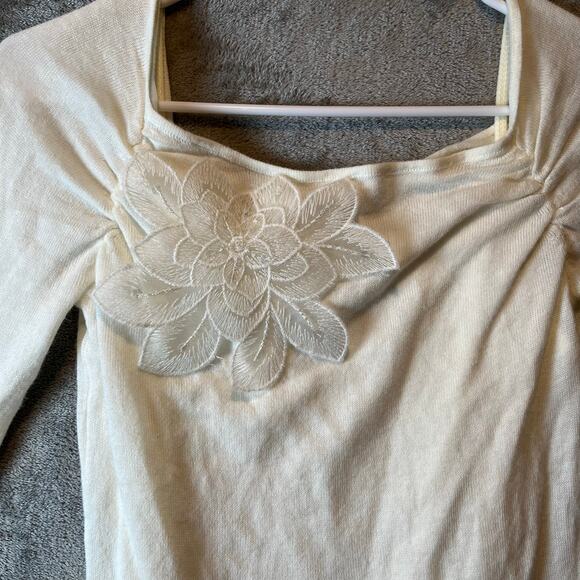Y2K Cream Floral Applique Top Long Sleeve Fairy Whimsical 90s Coquette Soft Girl - Picture 2 of 6